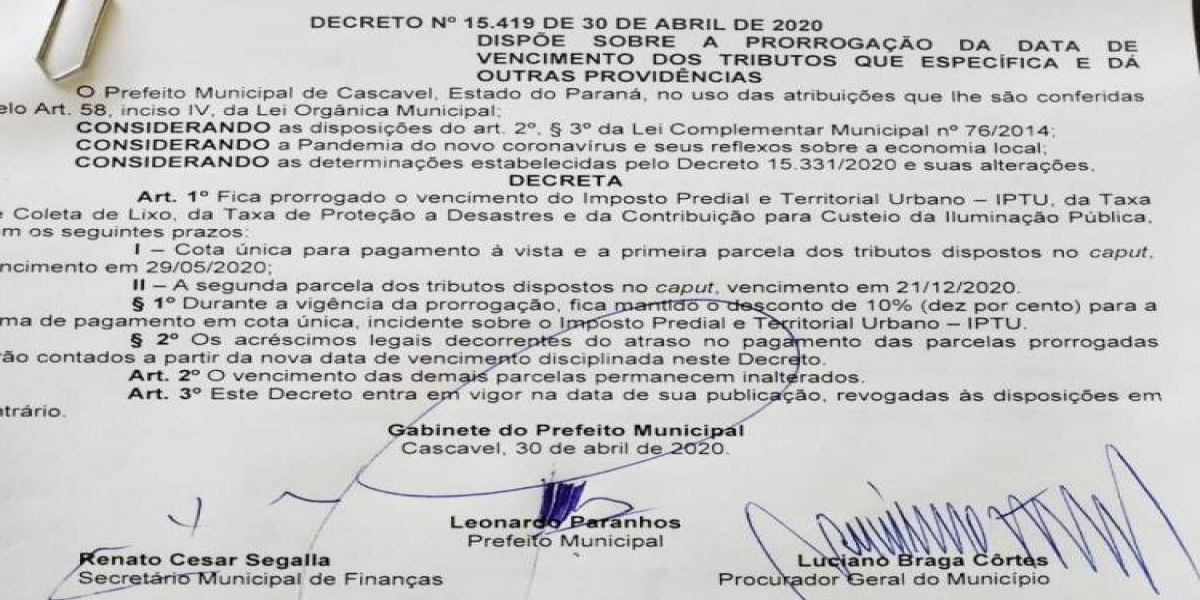 Vencimento do IPTU e Taxa de Coleta de Lixo é prorrogado mais uma vez em Cascavel