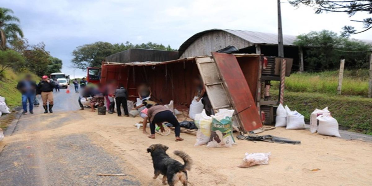 Caminhão de Francisco Beltrão tomba após colisão com ônibus na PR-158