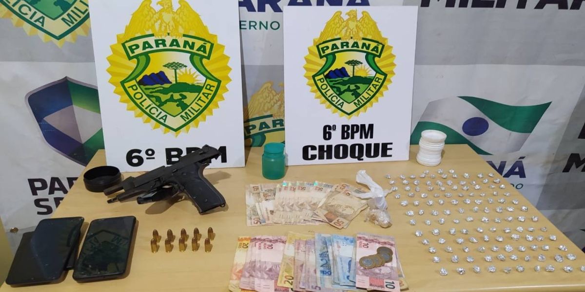 No Oeste do estado, PM encaminha três pessoas e apreende 123 pedras de crack e uma arma de fogo