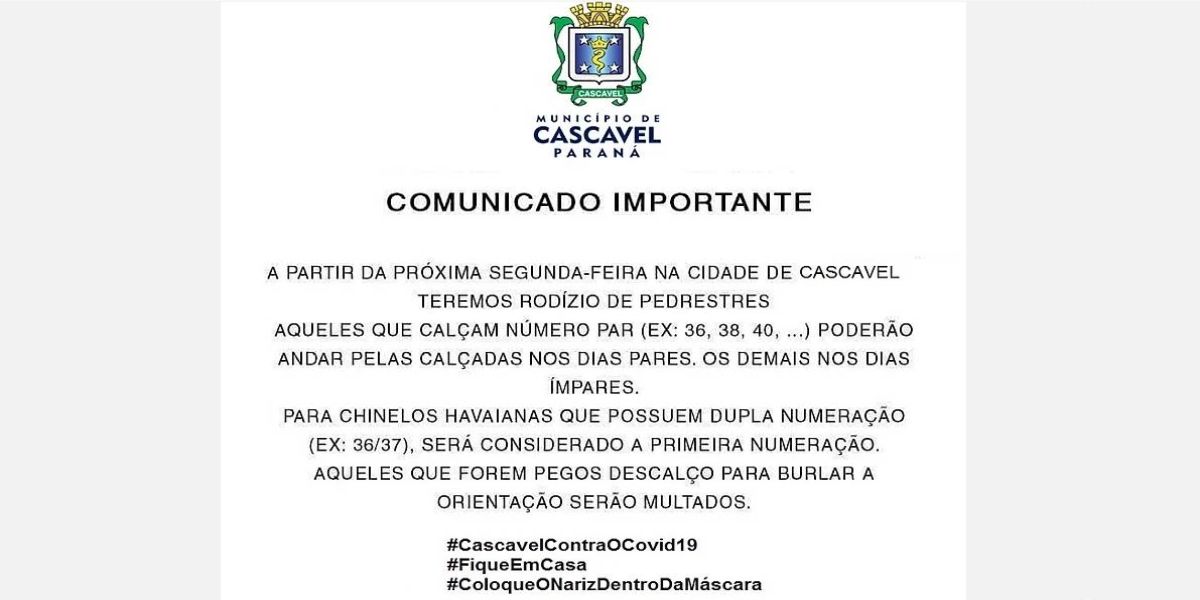 Município de Cascavel desmente ‘fake news’ sobre rodízio de pedestres por numeração de calçado