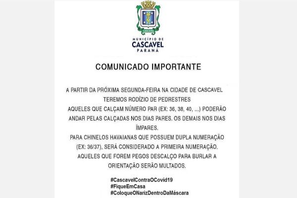 Município de Cascavel desmente ‘fake news’ sobre rodízio de pedestres por numeração de calçado