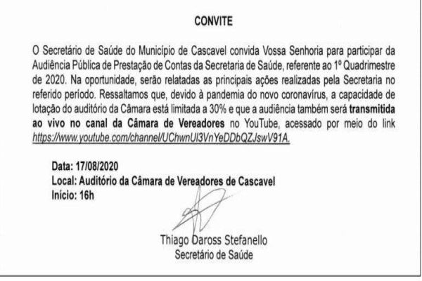 Secretaria de Saúde faz prestação de contas do 1º quadrimestre de 2020 na segunda (17)