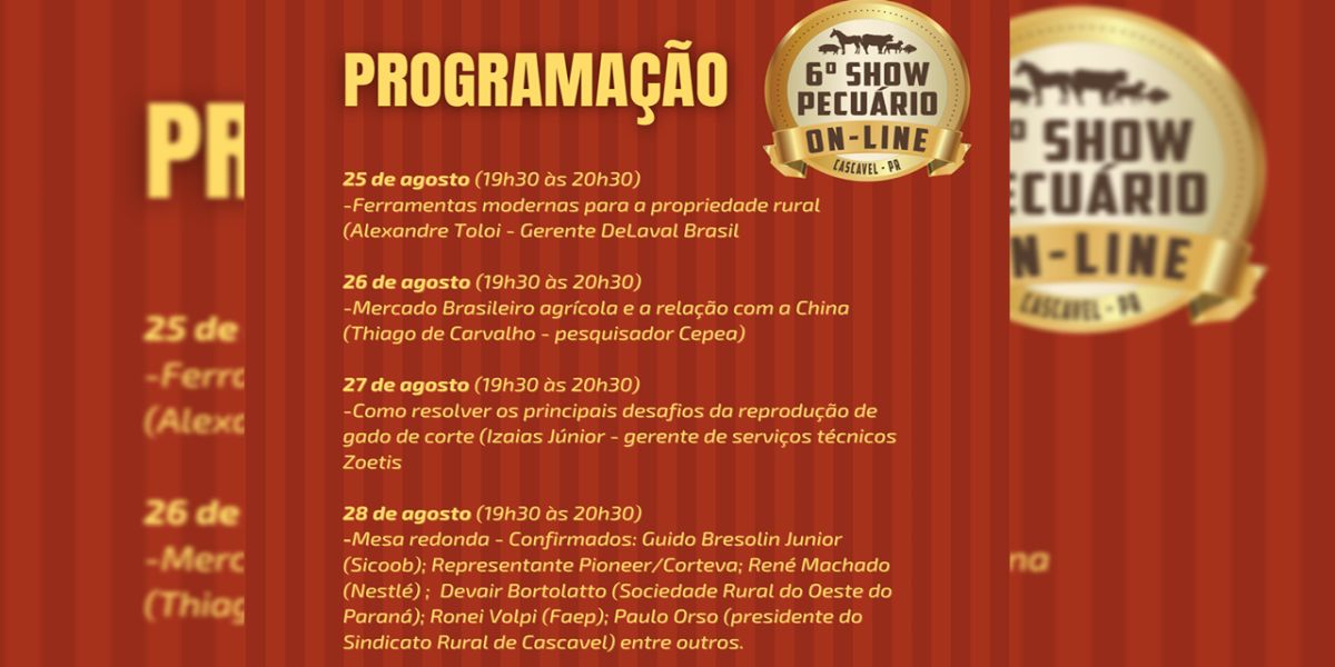 Grandes palestras marcarão Show Pecuário On-line