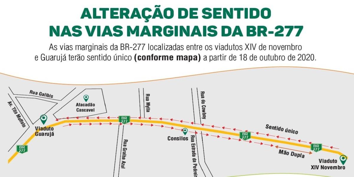 Atenção: Mudança de sentido nas vias marginais da BR-277 no Bairro Guarujá