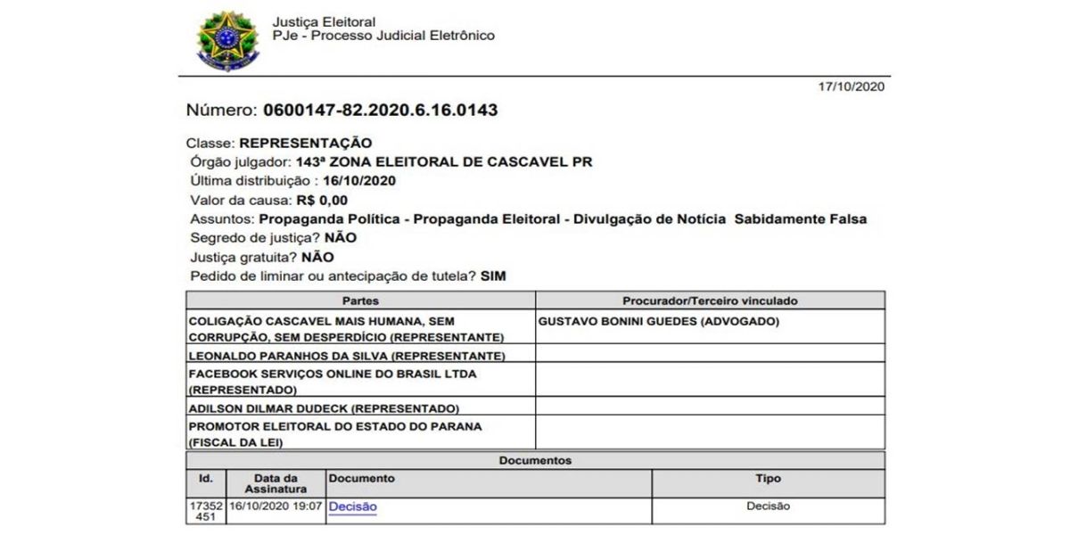 Justiça manda dono de perfil no Facebook retirar fake news contra Paranhos