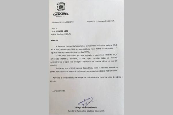 Médico envolvido em atendimento de jovem de 14 anos que faleceu será afastado