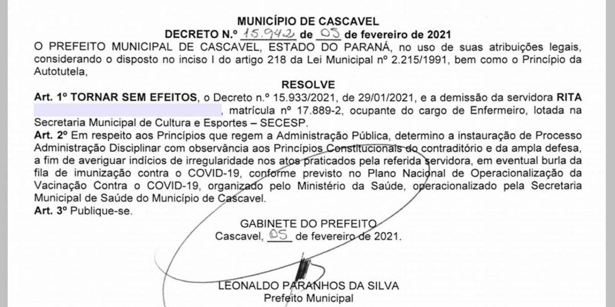 Paranhos anula demissão de servidora que furou a fila da vacina
