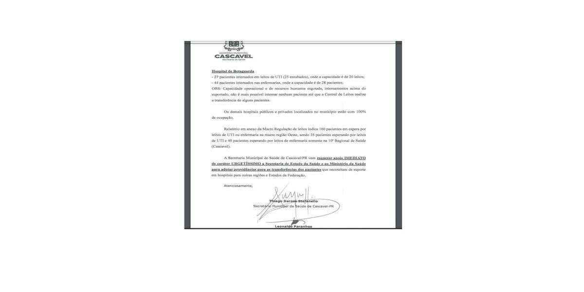 Cascavel pede apoio imediato com urgência para transferir pacientes para outras regiões e estados