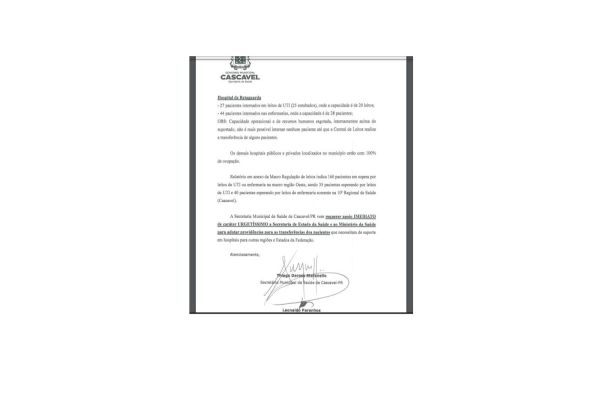 Cascavel pede apoio imediato com urgência para transferir pacientes para outras regiões e estados