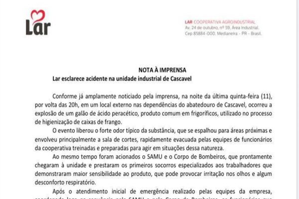 Lar emite nota de esclarecimento após incidente com galão de ácido paracético em Cascavel