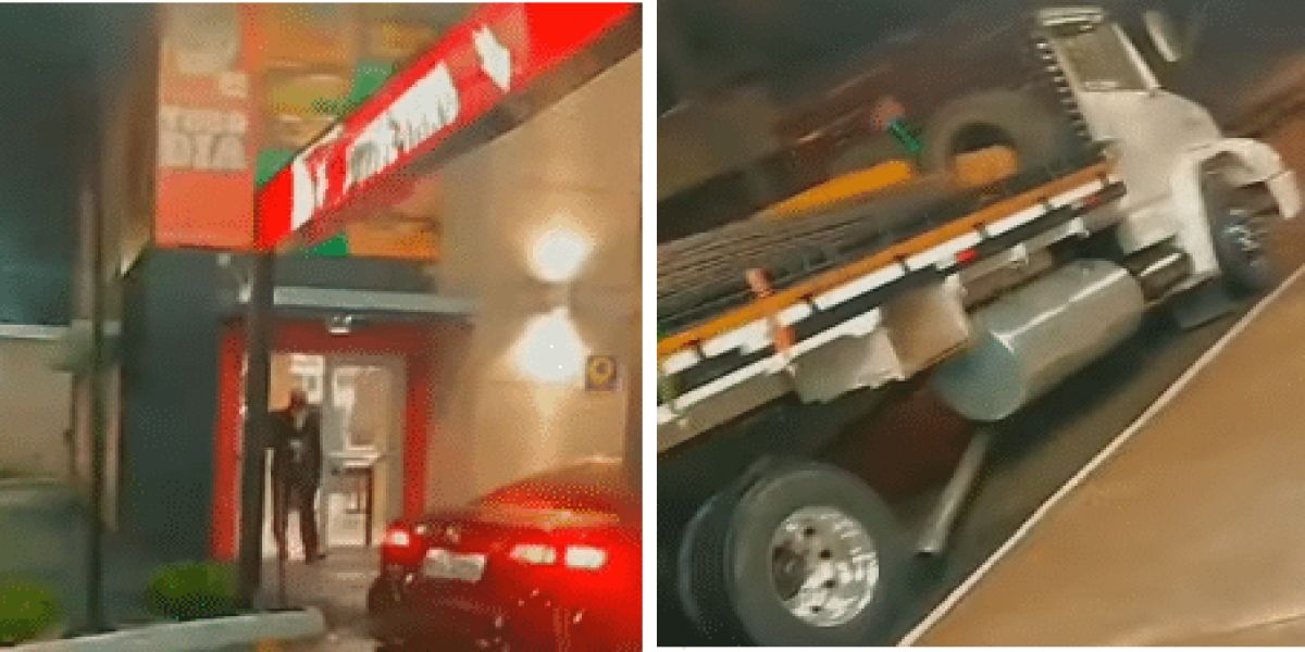 Caminhoneiro é impedido de comprar lanche e atravessa caminhão na entrada de lanchonete