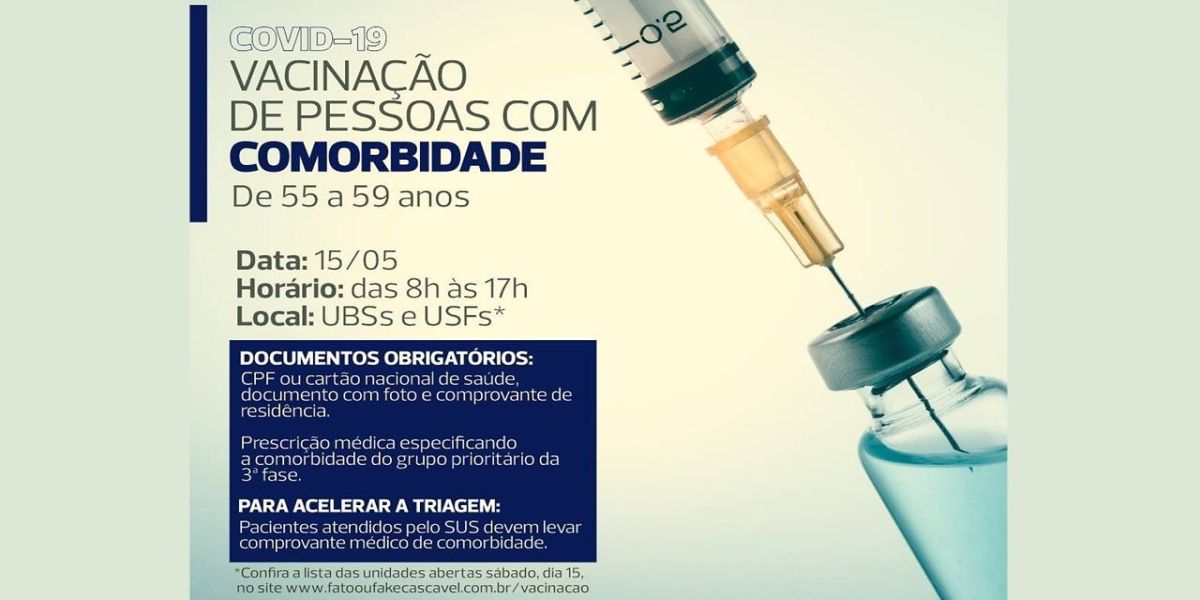 Unidades de saúde abrirão no sábado para vacinar pessoas com comorbidade