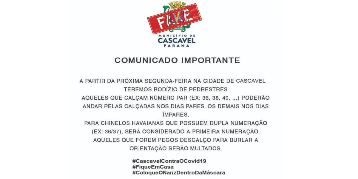 Fake News: Prefeitura de Cascavel desmente notícia sobre rodízio de pedestres