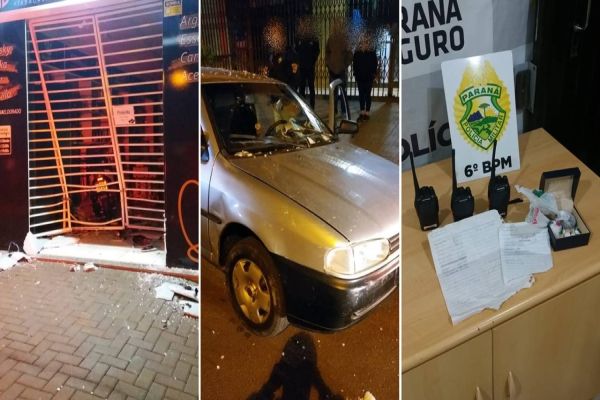 Imagem referente a notícia: Bandidos tentam invadir tabacaria com carro e acabam sendo são surpreendidos pela PM; um é baleado