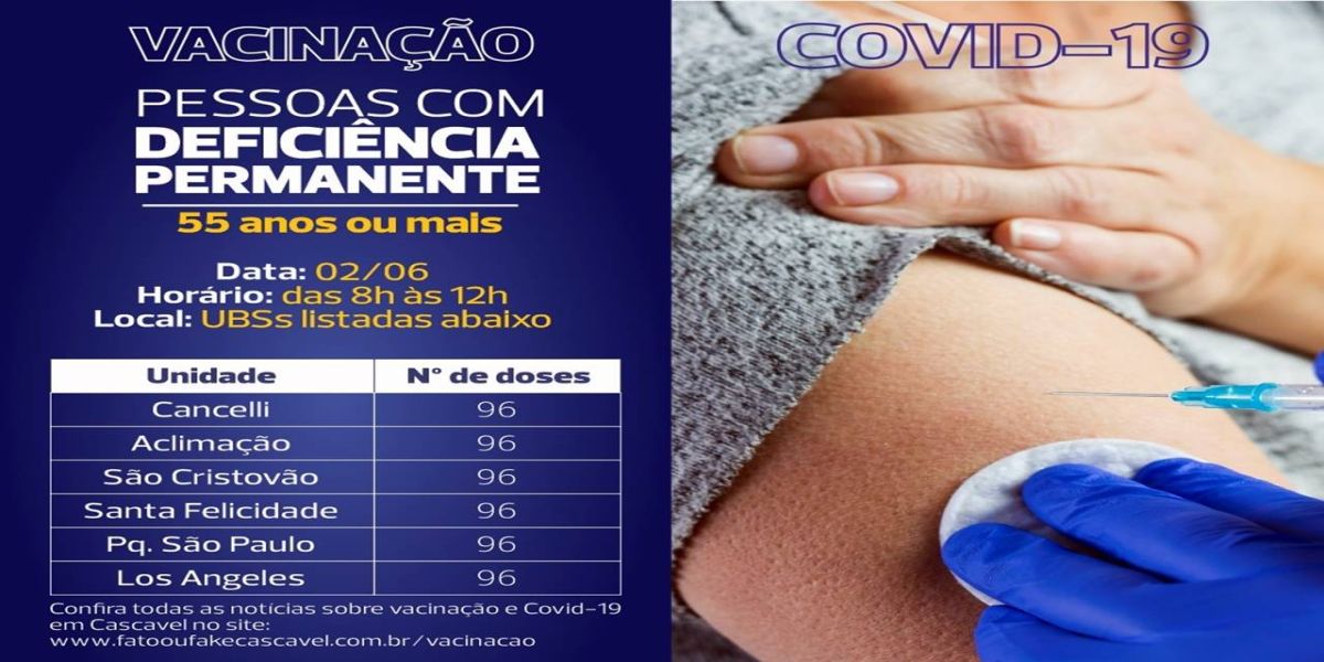 Cascavel imuniza pessoas com deficiência permanente com 55 anos ou mais