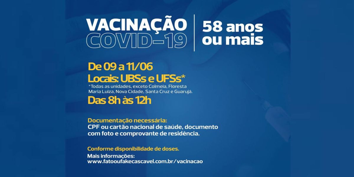 Público geral: Cascavel vai vacinar pessoas com 58 anos completos ou mais contra a Covid