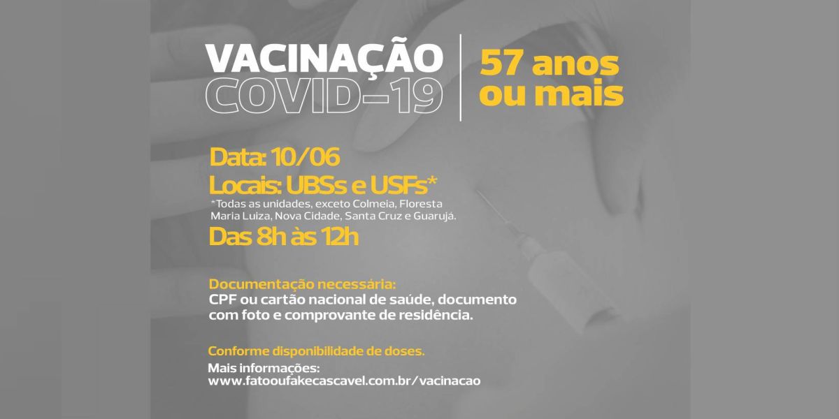 Cascavel amplia vacinação contra a Covid-19 para pessoas com 57 anos completos ou mais