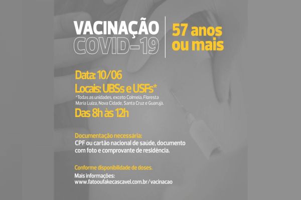 Cascavel amplia vacinação contra a Covid-19 para pessoas com 57 anos completos ou mais