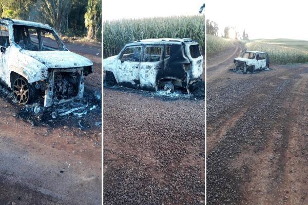 Imagem referente a notícia: Carro utilizado no assalto ao Banco Sicredi é encontrado incendiado em área rural de Cascavel