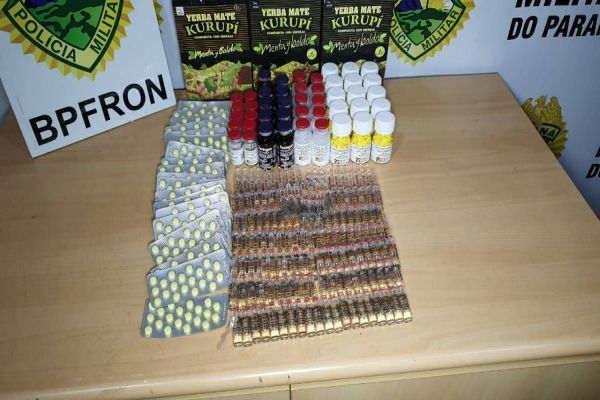 Imagem referente a notícia: Homem é detido pelo BPFRon transportando anabolizantes, estimulantes sexuais e maconha