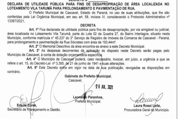 Município publica decreto de desapropriação do loteamento Vila Tarumã para extensão da Rua Sócrates