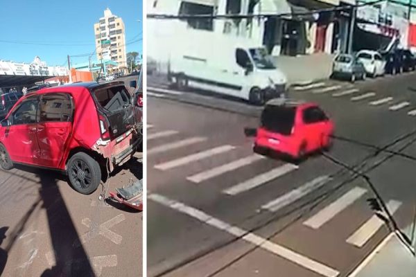 Imagem referente a notícia: Forte colisão de trânsito é registrada por câmera de segurança na Rua Jorge Lacerda