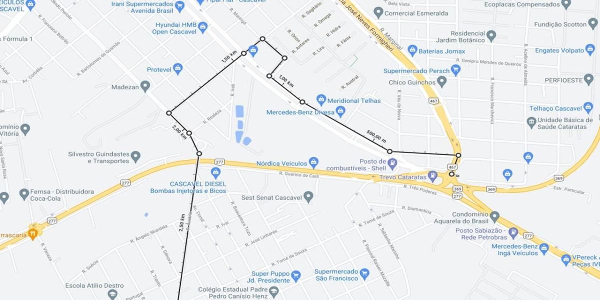 Rua Medianeira liga a marginal da BR-467 à Rua Olindo Periolo, atravessando a Av. Brasil