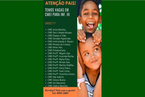 Imagem referente a notícia: Semed está com vagas para turmas do Infantil III nos CMEIS