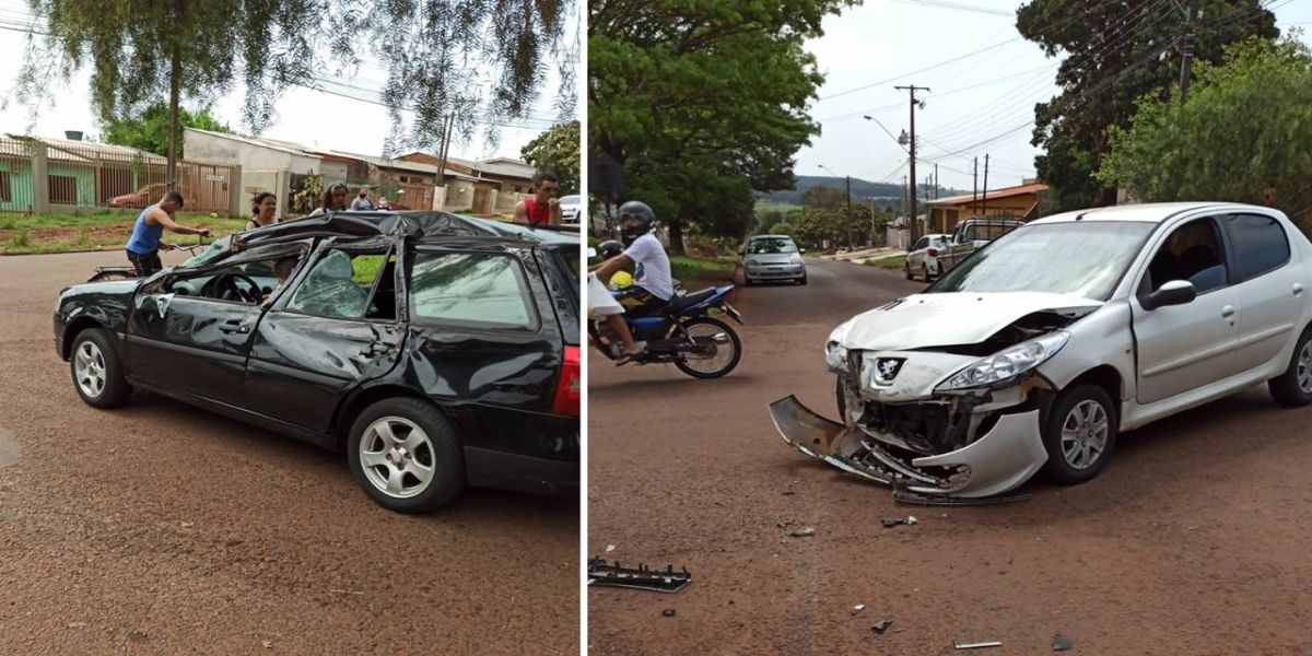Van com crianças tomba após forte colisão com dois carros no Jardim Clarito