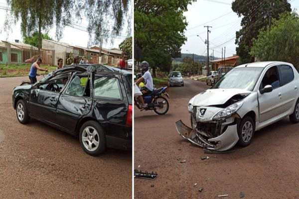 Van com crianças tomba após forte colisão com dois carros no Jardim Clarito