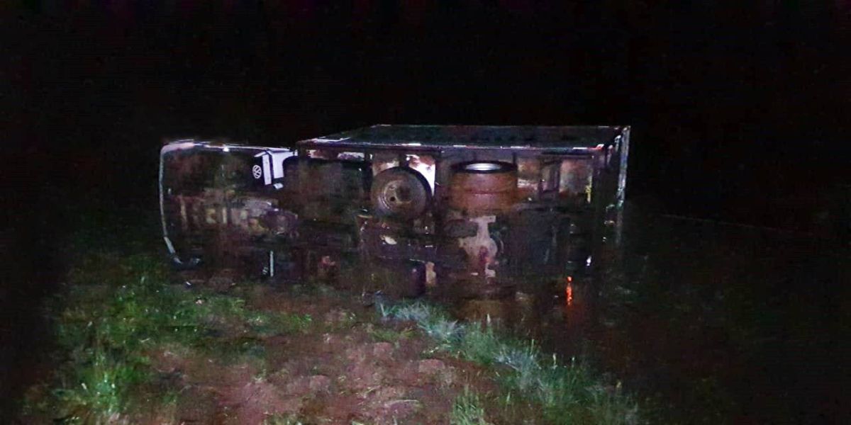Caminhão carregado com pintinhos tomba na BR-467 no Contorno Oeste em Cascavel