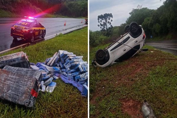Carro carregado com tabletes de maconha capota na BR-277; Motorista evadiu do local