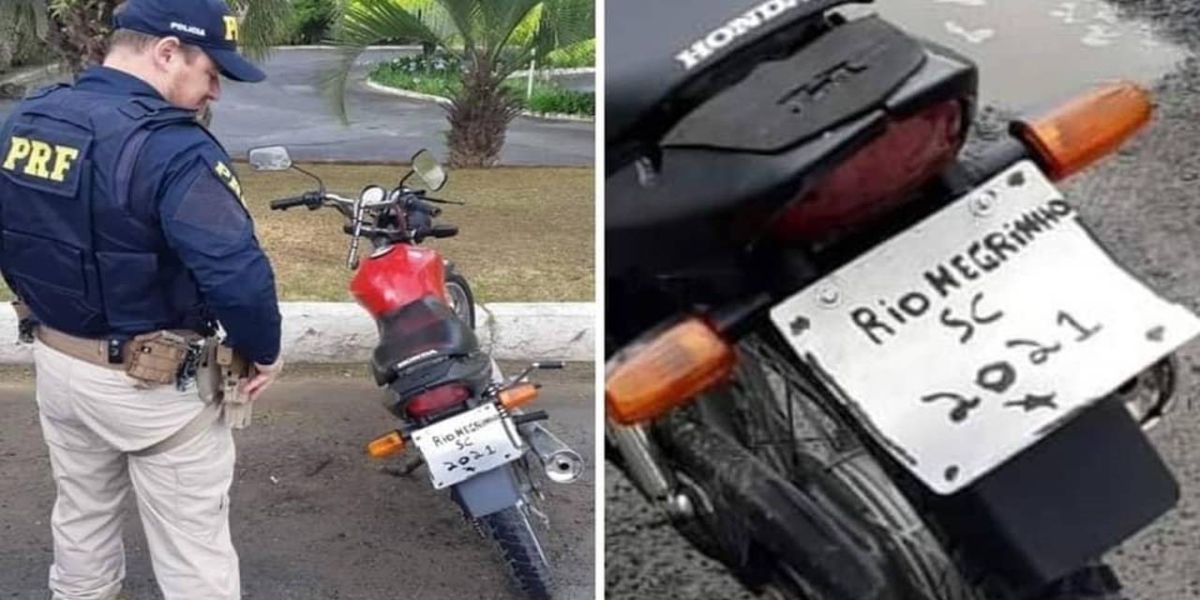 Homem tem moto apreendida após improvisar e colocar placa pintada a mão no veículo