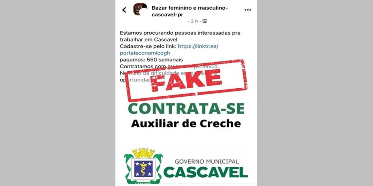 Anúncio sobre contratação de auxiliar de creche é fake, alerta Semed