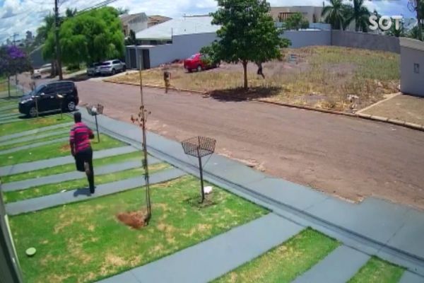 Imagem referente a notícia: Câmera de segurança registra policial do Pelotão de Choque detendo trio após assalto em loja