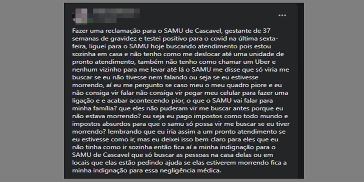 Internauta questiona atendimento do Samu em Cascavel