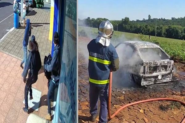 Imagem referente a notícia: Casa lotérica é assaltada em Quedas do Iguaçu; Carro utilizado no crime é incendiado na fuga