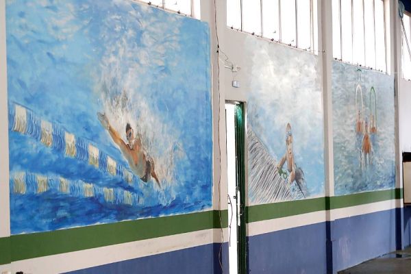 Painéis retratam atividades na piscina do Complexo Ciro Nardi