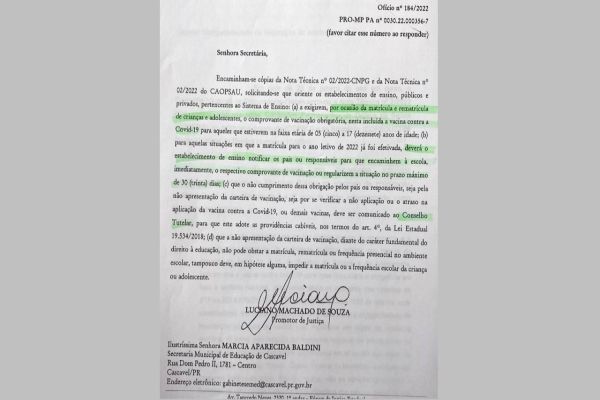 Secretaria de Educação passa a cobrar carteirinha de vacinação contra a Covid-19