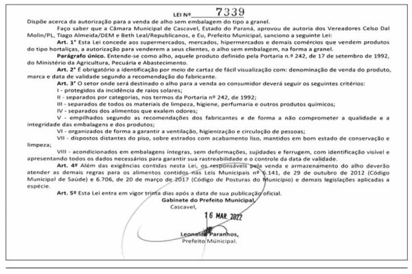 Sancionada lei que autoriza venda de alho a granel em Cascavel