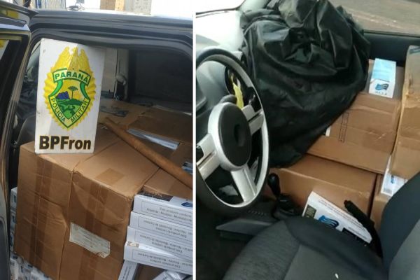 Imagem referente a notícia: BPFRON apreende carro carregado com 950 pacotes de cigarros contrabandeados em Cascavel