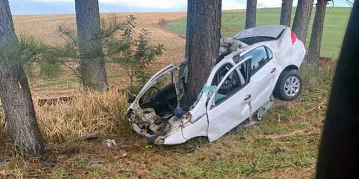 Homem morre em gravíssimo acidente na PR-493; Carro fica preso em árvore
