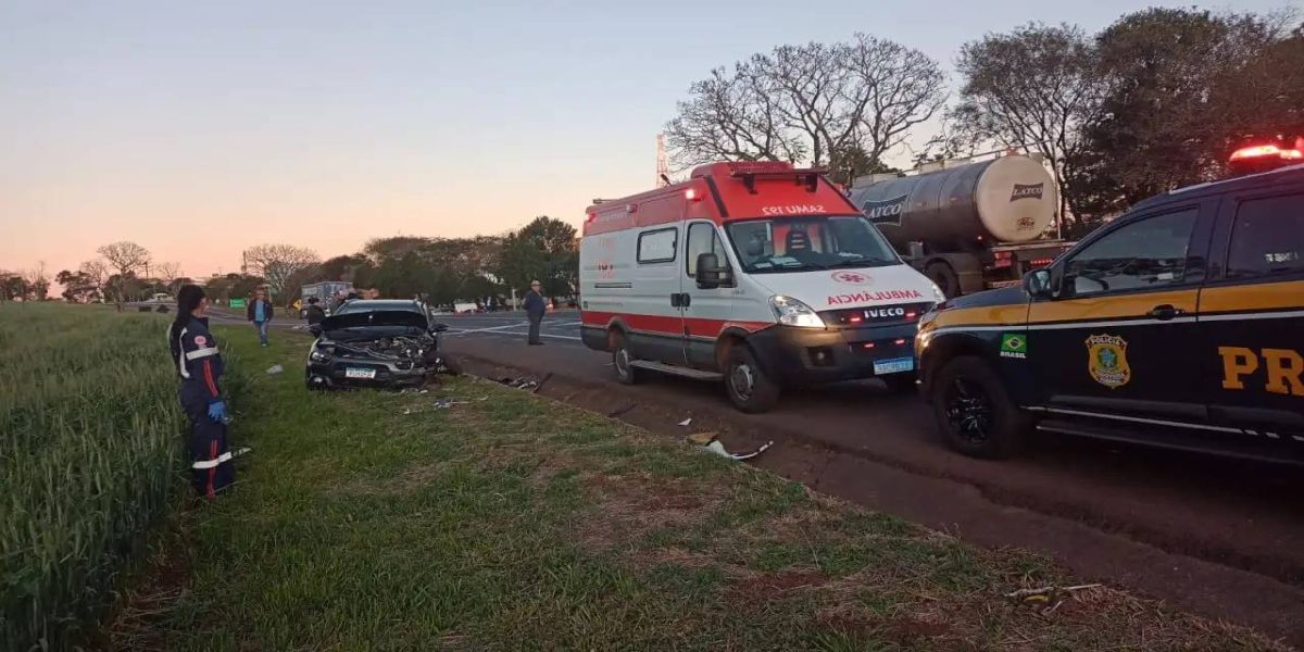 Duas pessoas ficam feridas em forte colisão na BR-277 em Ibema