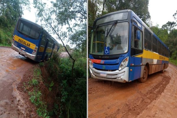 Imagem referente a notícia: Ônibus escolar fica atolado na Estrada Rural São Salvador e agricultores pedem melhorias