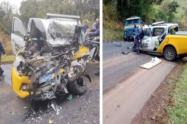 Grave acidente envolvendo viatura da polícia rodoviária e carro forte na rodovia PRc-487
