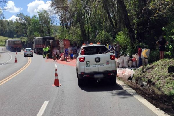 Caminhão carregado com fertilizantes tomba na BR-277 e carga é saqueada por indígenas