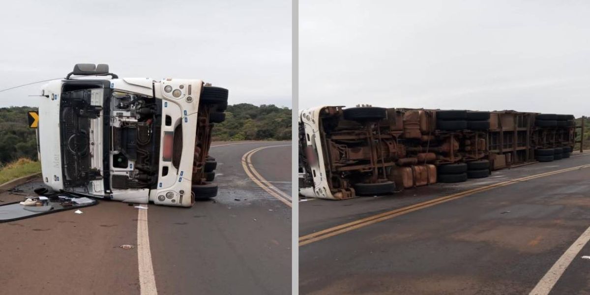 Carreta carregada de papelão tomba na BR-277 no viaduto de acesso à Candói