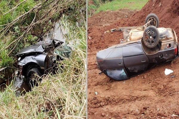 Carro parte ao meio após colisão e duas pessoas sofrem ferimentos graves na PR-562
