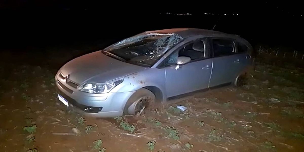 Pneu fura e carro vai para no meio de plantação após capotar na PR-180 em Cascavel