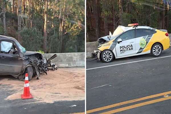 Imagem referente a notícia: Colisão frontal com viatura da Polícia Militar deixa quatro feridos; sendo dois em estado gravíssimo